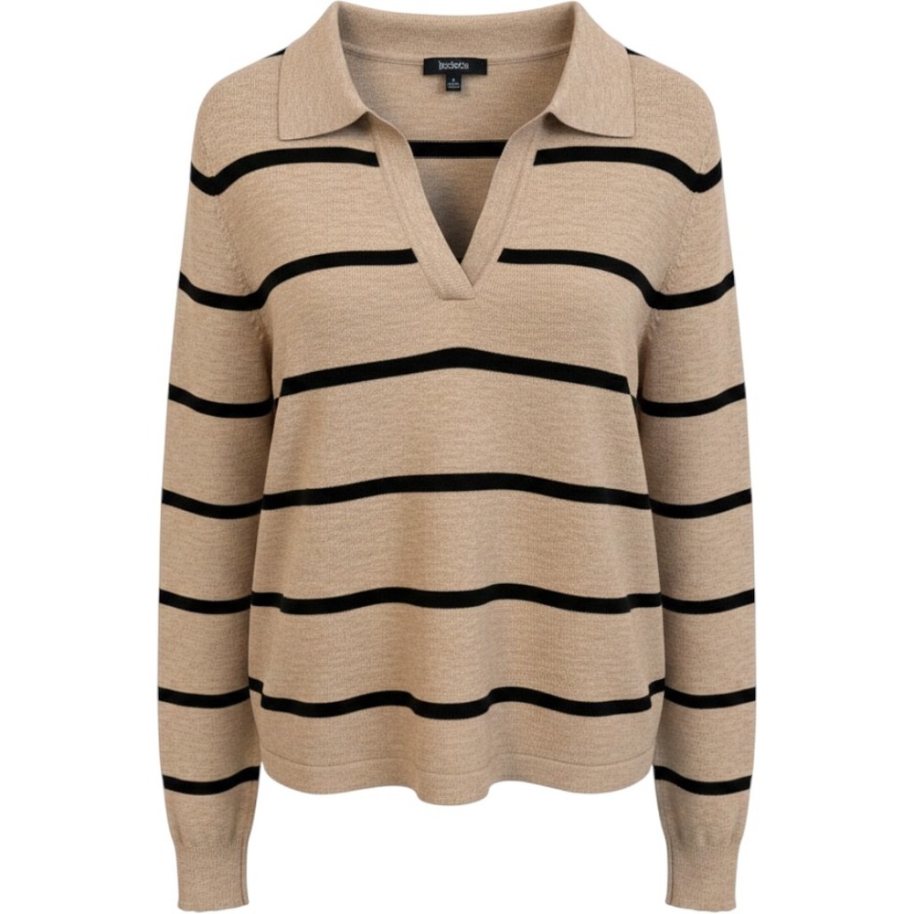 Preppy Polo Sweater Women S Tan Black Excellent Striped V-Neck Knit Top